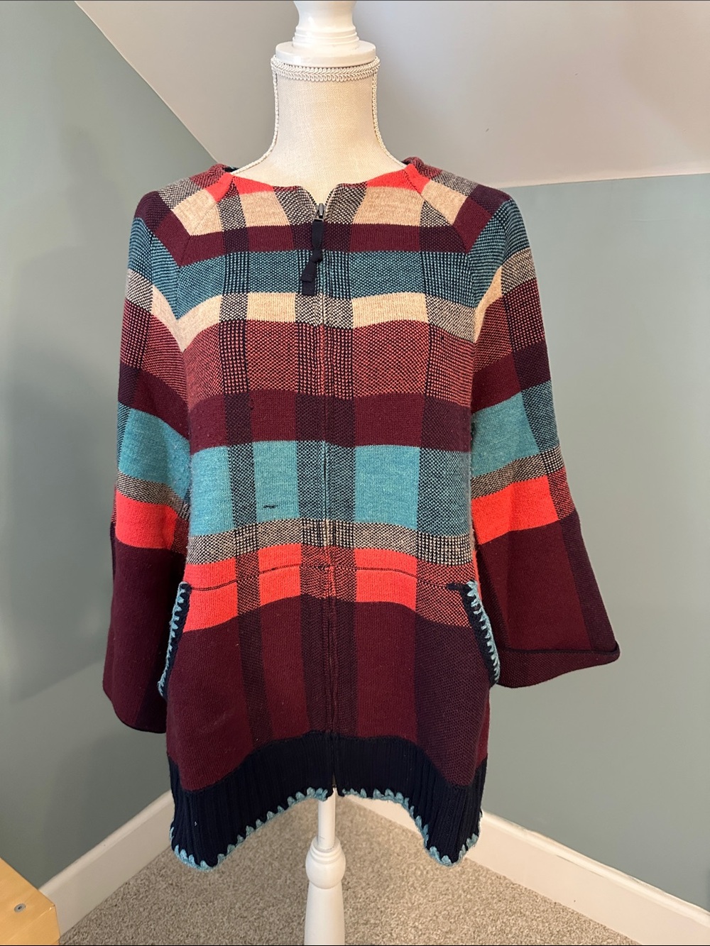 Womens Multicolor A-Line Plaid Knit Sweater - Burgundy, Teal & Cream